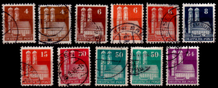 BRITISH AMERICAN ZONE 1948, 1 Sept. GERMAN BUILDINGS II, set, UH, CV +/-R 350.00, view scans