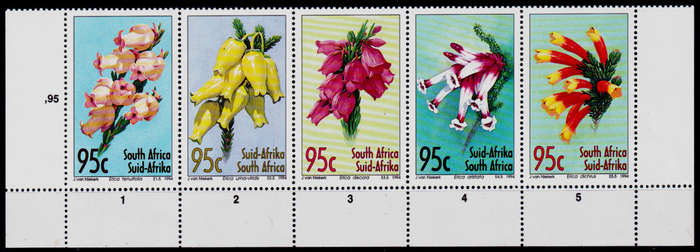 RSA 1994, 18 Nov. HEATHERS, setenant strip, MNH, CV R 50.00 view scans