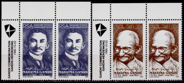 RSA 1995, 2 Oct. MAHATMA GANDHI, set corner pairs, MNH, CV R 56.00 View scans