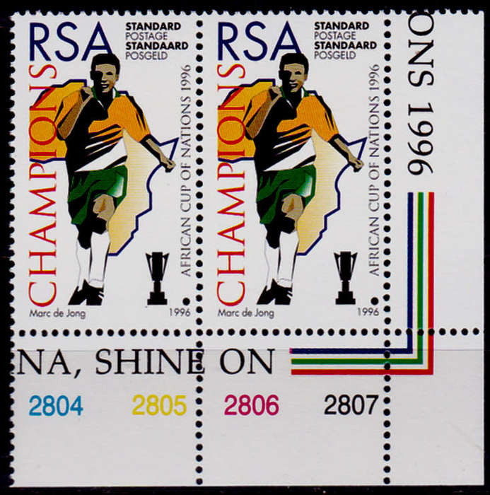 RSA 1996, 8 Feb. SOCCER AFRICAN CUP of NATIONS, single pair, MNH, CV R 30.00 view scans