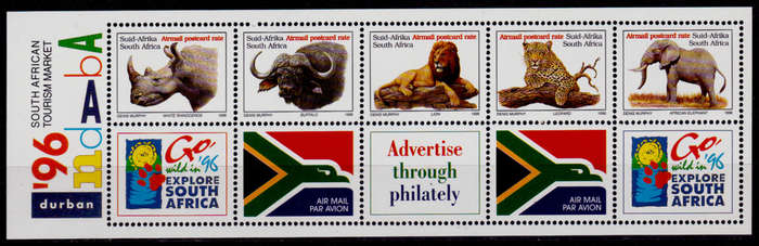 RSA 1996, 8 May. BIG FIVE, ADD VALUES AIRMAIL POSTCARD, setenant strip, MNH, CV R 200.00 view scans