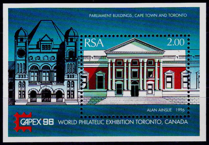 RSA 1996, 8 June. CAPEX 96 INTL STAMP EXHIBITION, TORONTO, minisheet, MNH, CV R 25.00 view scans