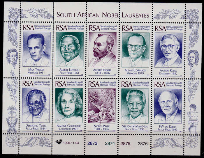 RSA 1996, 4 Nov. SA NOBEL LAUREATES (except A Nobel), sheetlet of 10, MNH, CV R 300.00 View scans