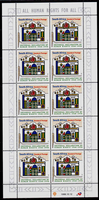 RSA 1998, 9 Dec. UNIVERSAL HUMAN RIGHTS, sheetlet, MNH, CV R 150.00, view scans