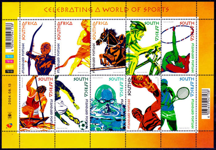 RSA 2004, 13 Aug. CELEBRATING WORLD OF SPORTS, sheetlet of 10, MNH, CV R 270.00 view scans
