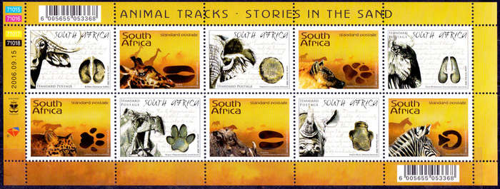 RSA 2006, 15 Sept. ANIMAL TRACKS - STORIES IN THE SAND, sheetlet, MNH, CV R 220.00 view scans