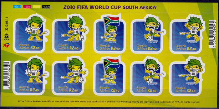 RSA 2010, 11 June. FOOTBALL WORLD CUP SA, sheetlet, MNH, CV R 220.00 view scans