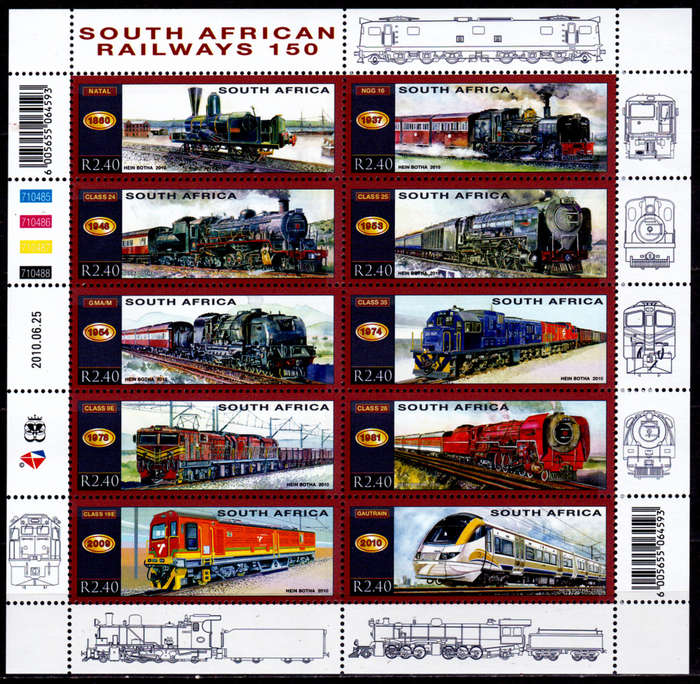 RSA 2010, 25 June. 150th ANNIV SA RAILWAYS, sheetlet, MNH, CV R 220.00 view scans