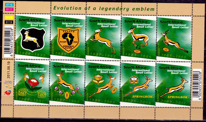 RSA 2011, 19 Aug. EVOLUTION OF SA RUGBY EMBLEM, sheetlet, MNH, CV R 600.00 view scans