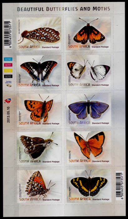 RSA 2013, 10 May. BUTTERFLIES AND MOTHS, sheetlet, MNH, CV R 500.00 view scans