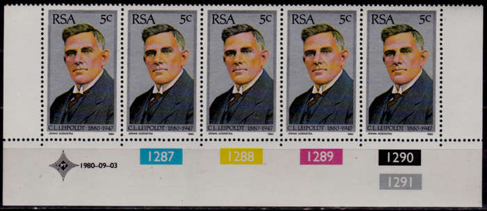 RSA 1980, 3 Sept. 100th ANNIV BIRTH CJ LEIPOLDT, control, MNH, CV R 5.00 view scans