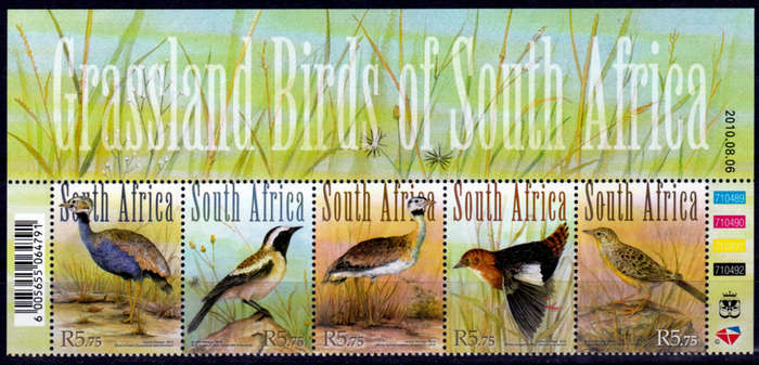RSA 2010, 6 Aug. GRASSLAND BIRDS, control strip, MNH, CV R 180.00 view scans