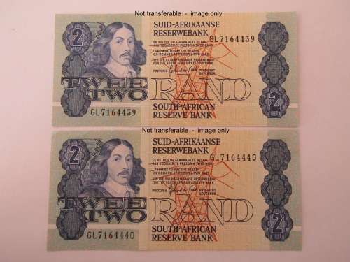 Lot of 2 South African R2 bank notes, Gerhard de Kock. With consecutive numbers, uncirculated