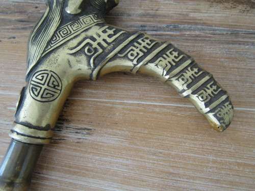 Vintage Brass Oriental walking Stick with Lohan Mask handle, 95cm, excellent condition