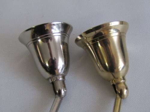 Lot of 2 Candle Snuffers, one is solid Brass and the other one is silver Metal, 30cm long, excellent