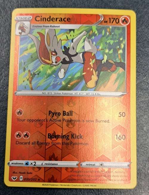 Pokemon Trading Cards - Cinderace - 035/202 - Rare Reverse Holo - Sword & Shield (Base Set) - NM