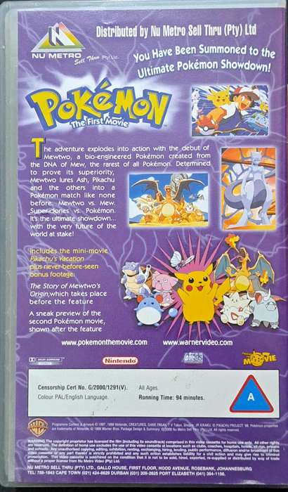 Pokémon the First Movie: Mewtwo Vs. Mew (VHS, 2000) For VCR Rated G