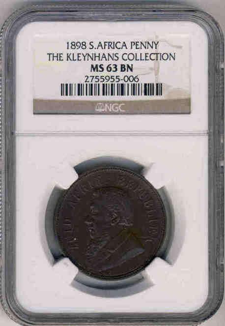 NGC Graded Paul Kruger Z.A.R. Penny of 1898 (MINT STATE 63 BN)
