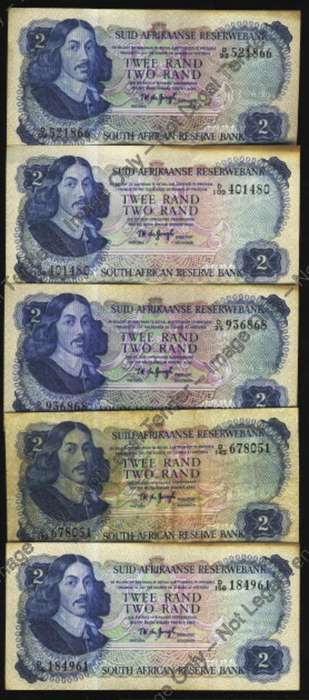 Early RSA Banknotes :  5 x TW de Jongh R2 notes from the 1970s
