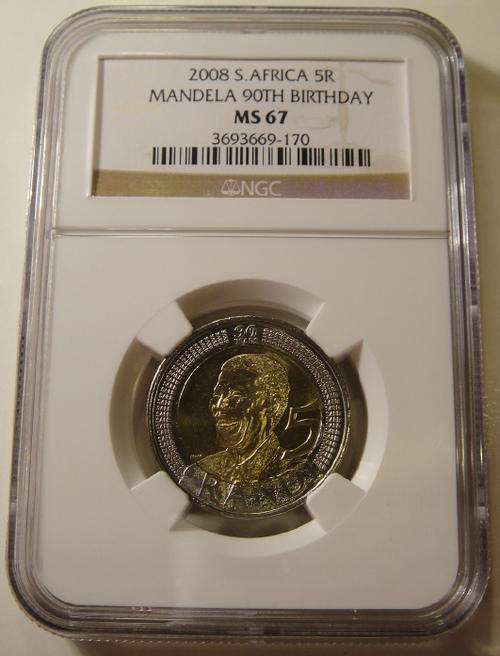 2008 Nelson Mandela 90th Birthday R5 Coin : NGC Graded MS67