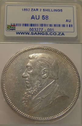 Paul Kruger ZAR Two-Shillings (2/-) of 1892 : Sangs graded AU58
