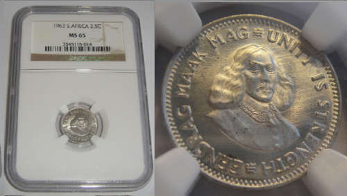 Republic of South Africa : Silver 2.5c (Tickey) of 1963 : NGC graded MS 65