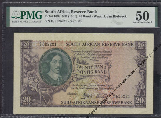Republic of SA: Twenty Rand of 1961 : PMG graded 50 About Uncirculated