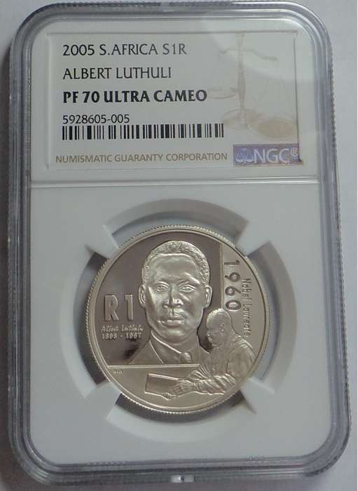 Republic of South Africa: Silver R1 of 2005 (Luthuli) NGC PF 70 Ultra Cameo