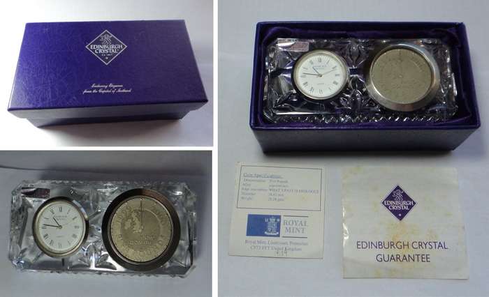 Edinburg Crystal Clock with 1999-2000 Five Pounds Coin
