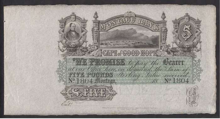 Montagu Bank, Cape of Good Hope 5 Pounds Note circa 1860s