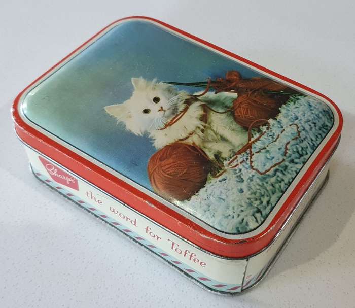 Vintage SHARPS toffee tin with  image of a cat as per photos