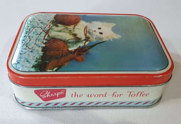 Vintage SHARPS toffee tin with  image of a cat as per photos
