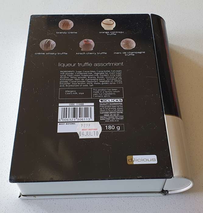 D.licious liqueuer truffle book tin as per photos