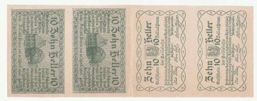 1920 Austria Stadt Zell 10 and 20 Heller Uncut  Banknote sheet (4 notes - 2 sided print) Uncommon