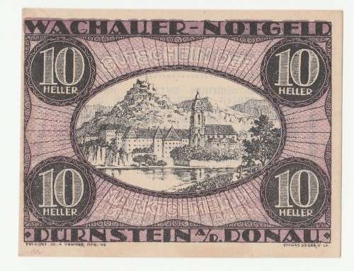 Error 1920 Austria Wachauer Notgeld Stadt Dürnstein 10 Heller, offcentre print