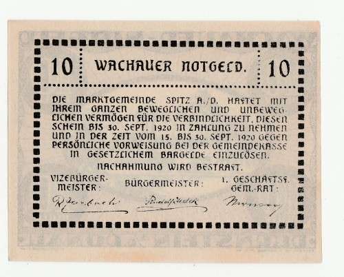 Error 1920 Austria Wachauer Notgeld Stadt Dürnstein 10 Heller, offcentre print