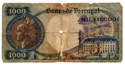 Filler 1967 Portugal 1000 Escudos, Pick#172b $50 CV in VF - Bad centre tear