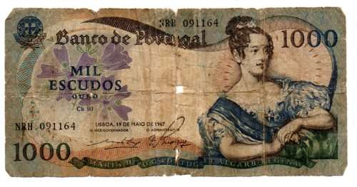 Filler 1967 Portugal 1000 Escudos, Pick#172b $50 CV in VF - Bad centre tear