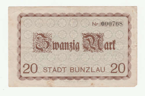 1919 German Bunzlau Stadt 20 Mark serial 000768