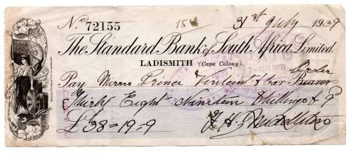 1909 The Standard Bank of South Africa Limited 38 Pound Check, Ladismith (Cape Colony)
