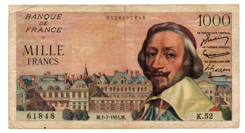 1954 France 1000 Francs Pick#134a, multiple pinholes, centre top border tear