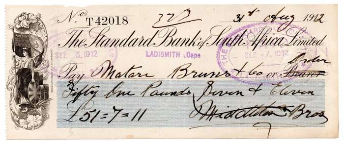 1912 The Standard Bank of South Africa Limited Ladismith (Cape Colony) Cheque, 51 Pounds 7 Shilling