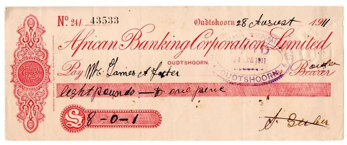 1911 African Banking Corporation Limited Cheque Oudtshoorn, 8 Pounds 1 Pence
