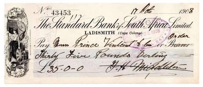 1908 The Standard Bank of South Africa Limited Ladismith (Cape Colony) Cheque, 35 Pounds