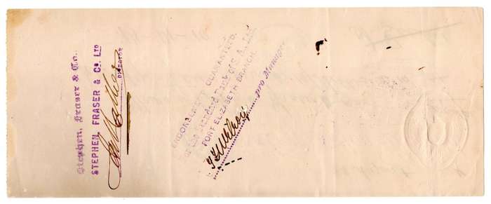 1911 African Banking Corporation Limited Cheque Oudtshoorn, 74 Pounds 14 Shillings 10 Pence