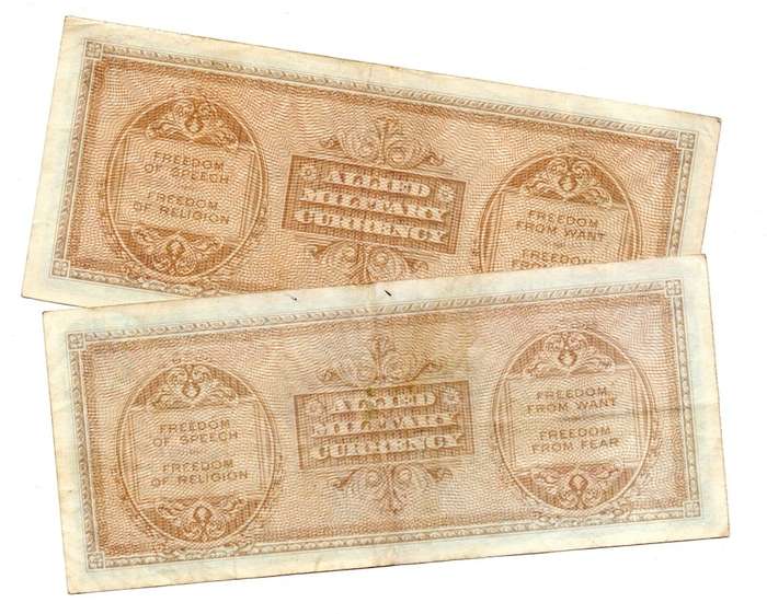 Pair of 1943 & 1943 A Series Italy Allied Military Currency 50 Lire notes