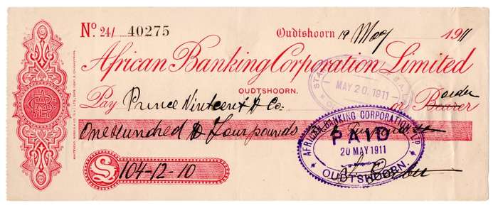 1911 African Banking Corporation Limited Cheque Oudtshoorn, 104 Pounds 12 Shillings 10 Pence