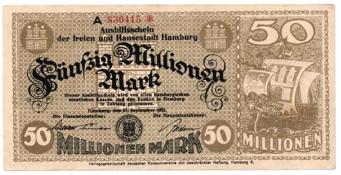 1923 German City Hamburg 50 Million Mark, Replacement Star Note