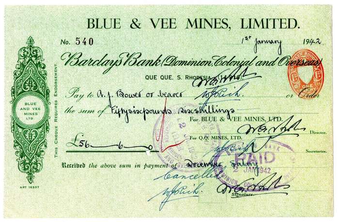 1942 Southern Rhodesia, Barclays Bank - Blue & Vee Mines, Limited Cheque issued for £56 & 6 Shilling