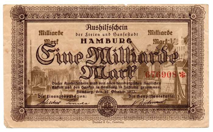 1923 German City Hamburg 1 Billion Mark, Replacement Star Note